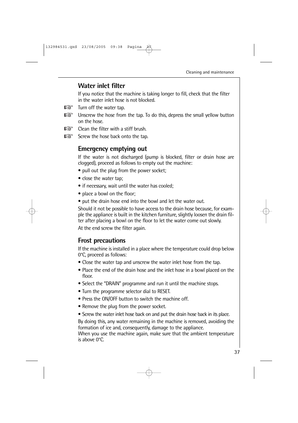 Water inlet filter, Emergency emptying out, Frost precautions | Electrolux LAVAMAT TURBO 12710 VIT User Manual | Page 37 / 60