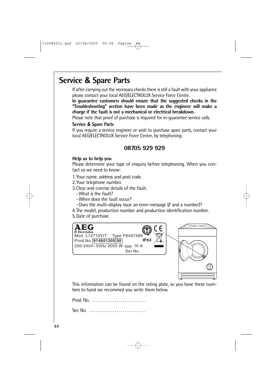 Service & spare parts | Electrolux LAVAMAT TURBO 12710 VIT User Manual | Page 44 / 60