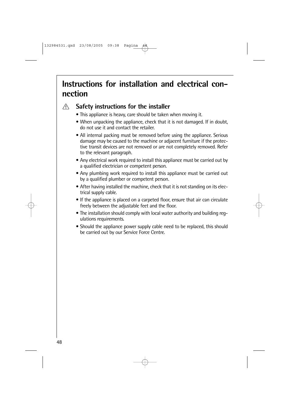 Safety instructions for the installer | Electrolux LAVAMAT TURBO 12710 VIT User Manual | Page 48 / 60