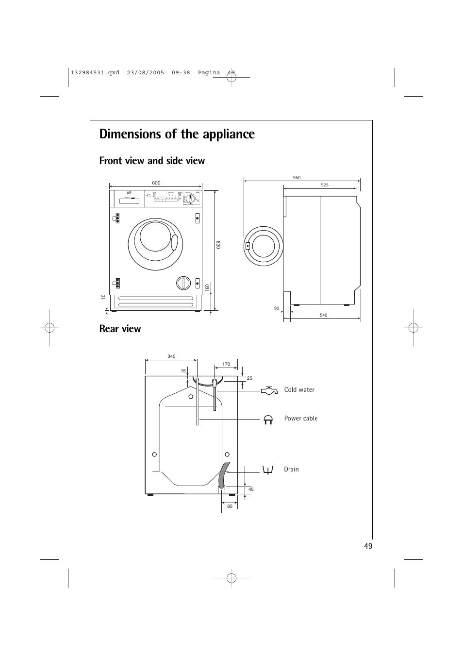 Dimensions of the appliance, Front view and side view rear view | Electrolux LAVAMAT TURBO 12710 VIT User Manual | Page 49 / 60