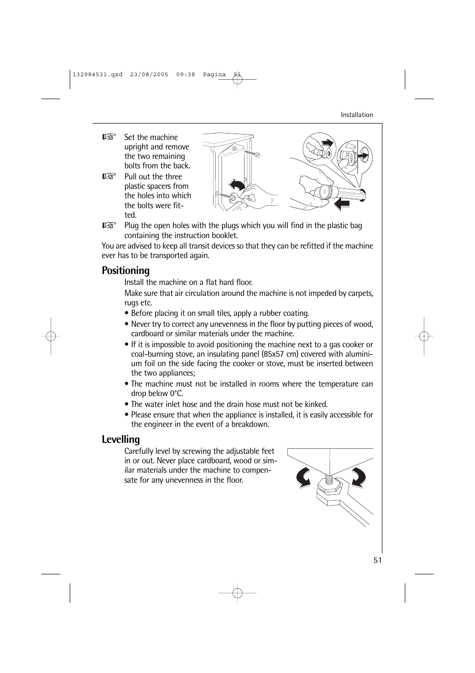 Positioning, Levelling | Electrolux LAVAMAT TURBO 12710 VIT User Manual | Page 51 / 60