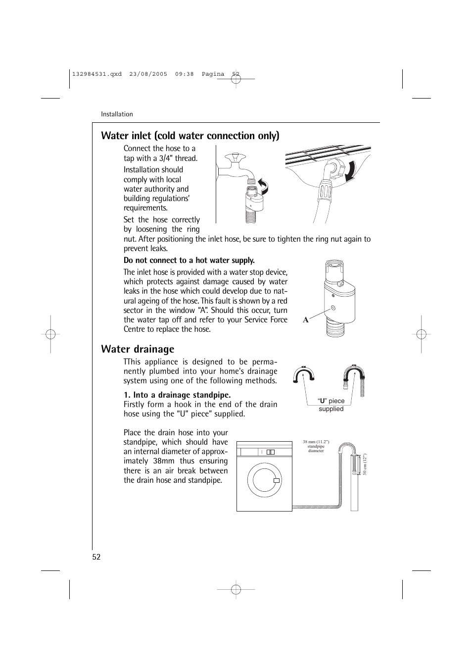 Water inlet (cold water connection only), Water drainage | Electrolux LAVAMAT TURBO 12710 VIT User Manual | Page 52 / 60
