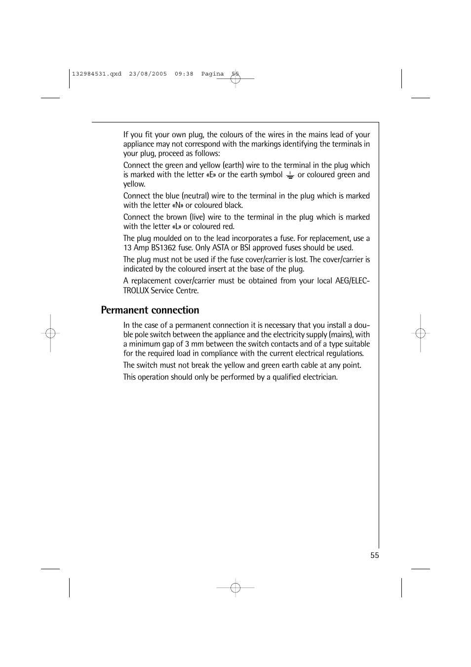 Permanent connection | Electrolux LAVAMAT TURBO 12710 VIT User Manual | Page 55 / 60