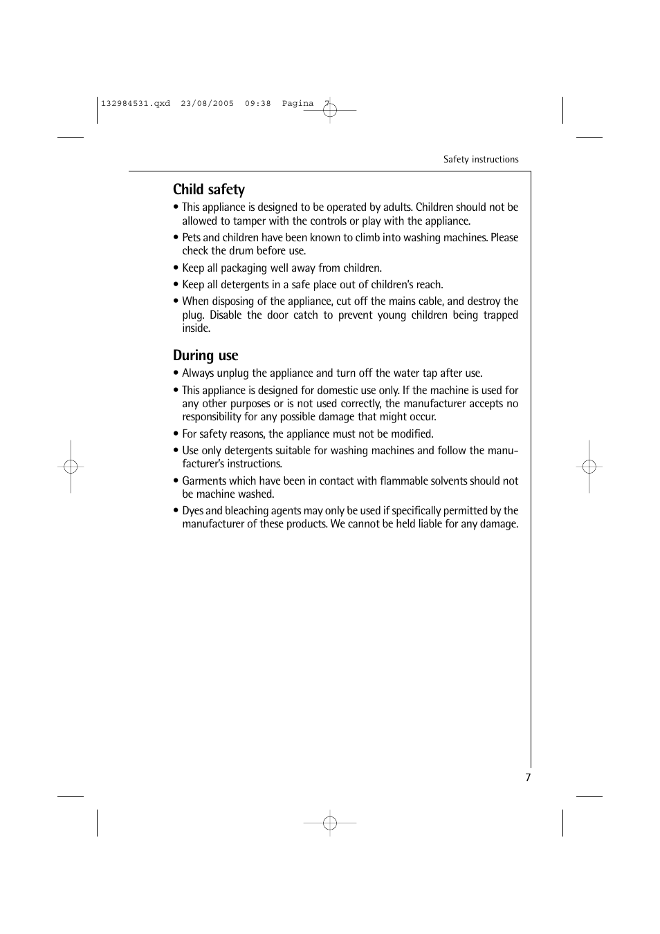 Child safety, During use | Electrolux LAVAMAT TURBO 12710 VIT User Manual | Page 7 / 60