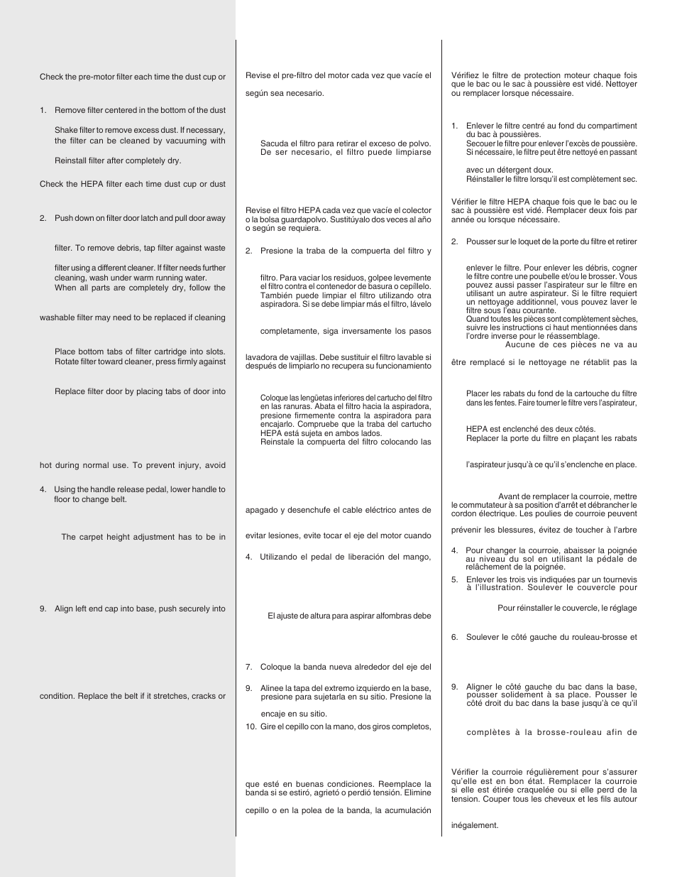 English, Español, Francais | Pre-motor filter, Hepa filter, Brush roll belt | Electrolux SANITAIRE SC5700/5800 SERIES User Manual | Page 11 / 12