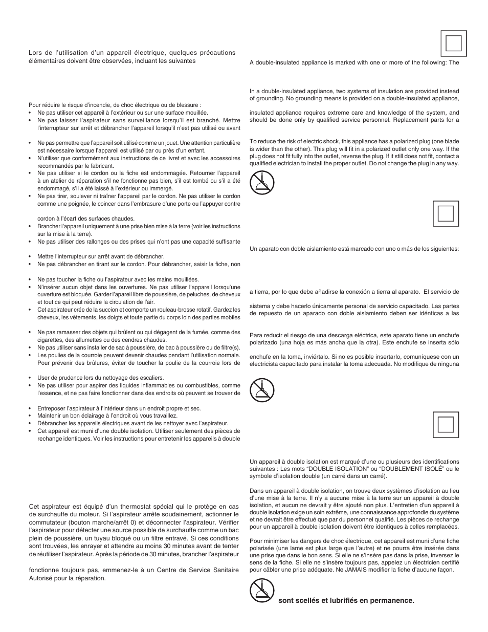 Avertissement, Conservez ces instructions conseils de sécurité, Servicing of double- insulated appliances | Entretien d’appareils à double isolation, Servicio para aparatos con doble aislamiento, Protection thermique | Electrolux SANITAIRE SC5700/5800 SERIES User Manual | Page 3 / 12