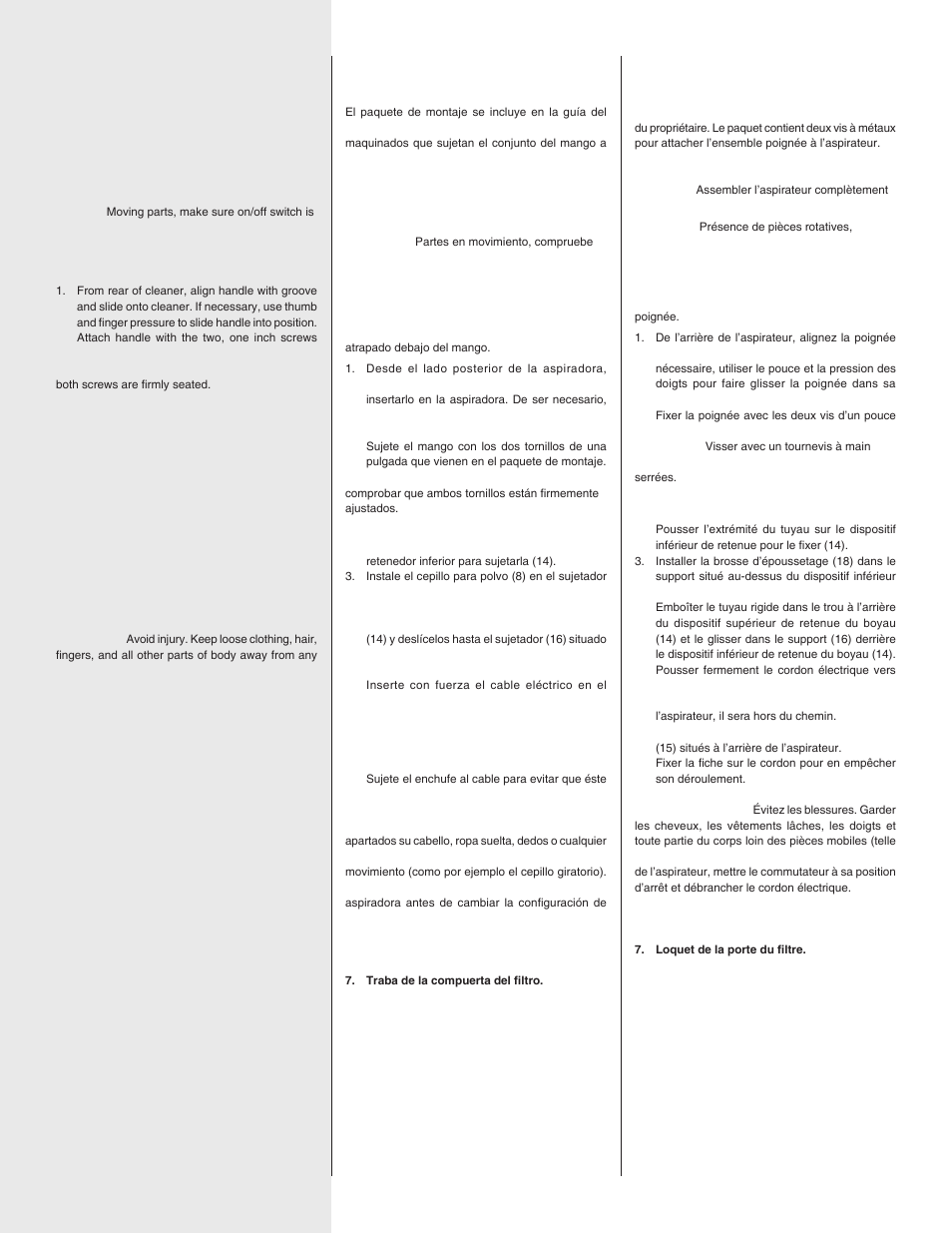 English, Español, Francais | Assembly packet, Assembly, Attach handle, Paquete de montaje, Montaje, Sujeción del mango, Sachet d’assemblage | Electrolux SANITAIRE SC5700/5800 SERIES User Manual | Page 5 / 12