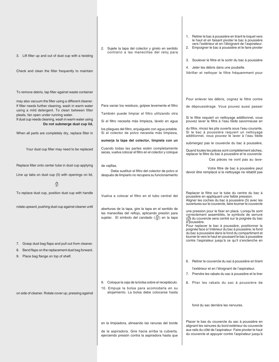 English, Español, Francais | Electrolux SANITAIRE SC5700/5800 SERIES User Manual | Page 9 / 12