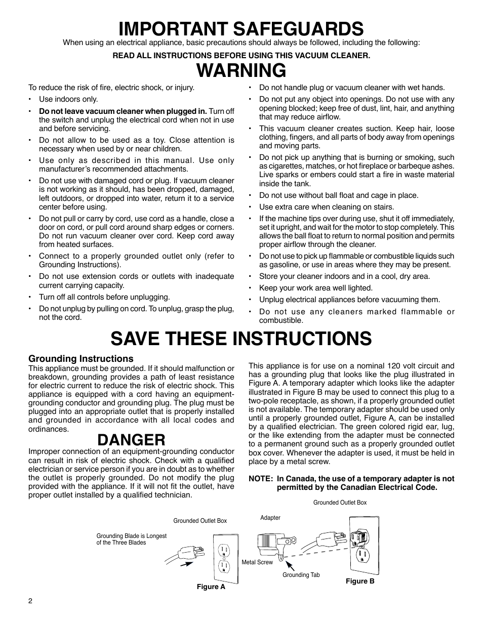 Important safeguards, Warning, Save these instructions | Danger | Electrolux SC6080 Series User Manual | Page 2 / 5