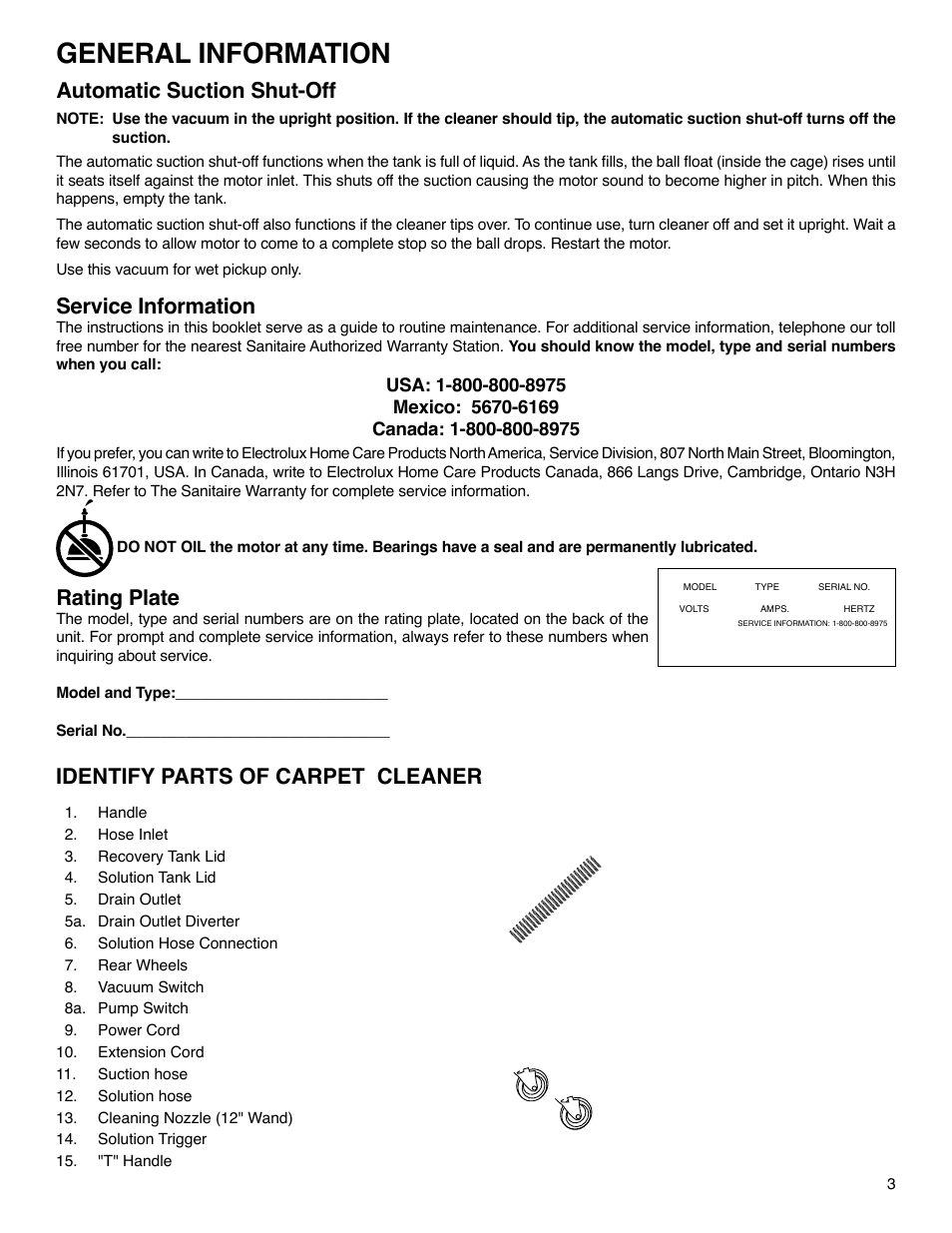 General information, Automatic suction shut-off, Service information | Rating plate, Identify parts of carpet cleaner | Electrolux SC6080 Series User Manual | Page 3 / 5