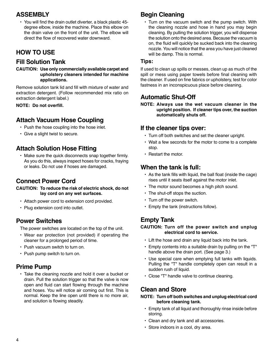 Assembly, How to use fill solution tank, Attach vacuum hose coupling | Attach solution hose fitting, Connect power cord, Power switches, Prime pump, Begin cleaning, Automatic shut-off, If the cleaner tips over | Electrolux SC6080 Series User Manual | Page 4 / 5