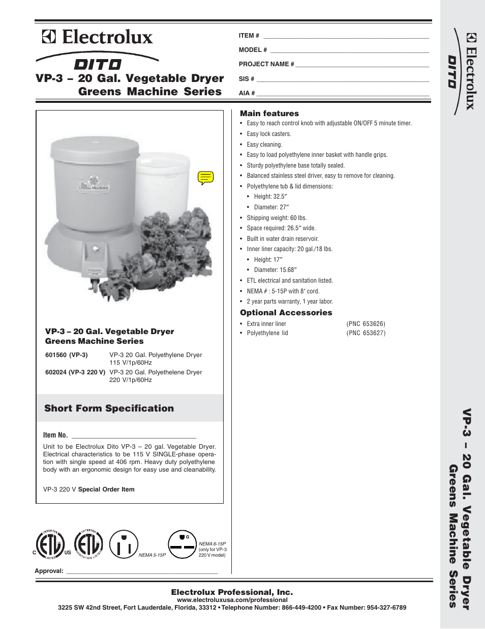 Electrolux Dito VP-3 User Manual | 2 pages