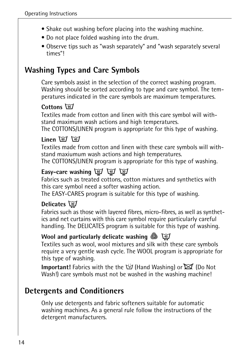 Washing types and care symbols, Detergents and conditioners | Electrolux 50520 User Manual | Page 14 / 48