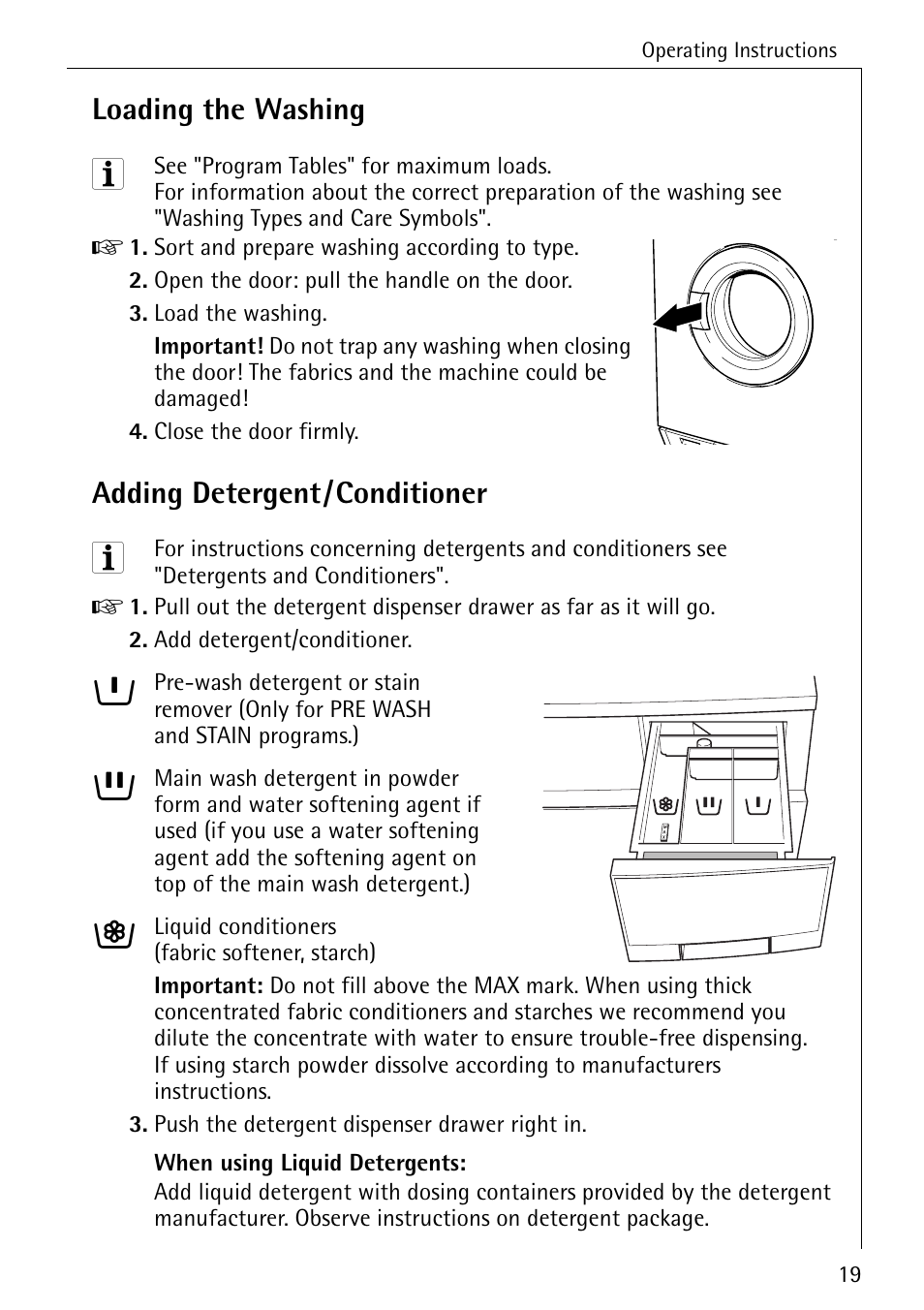 Loading the washing, Adding detergent/conditioner | Electrolux 50520 User Manual | Page 19 / 48