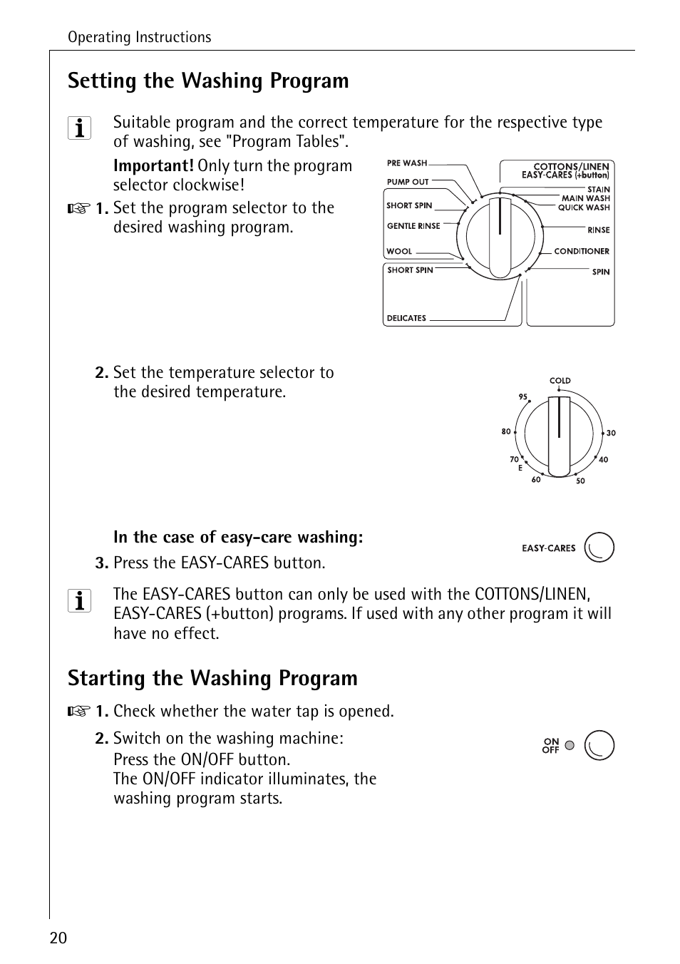 Setting the washing program, Starting the washing program | Electrolux 50520 User Manual | Page 20 / 48