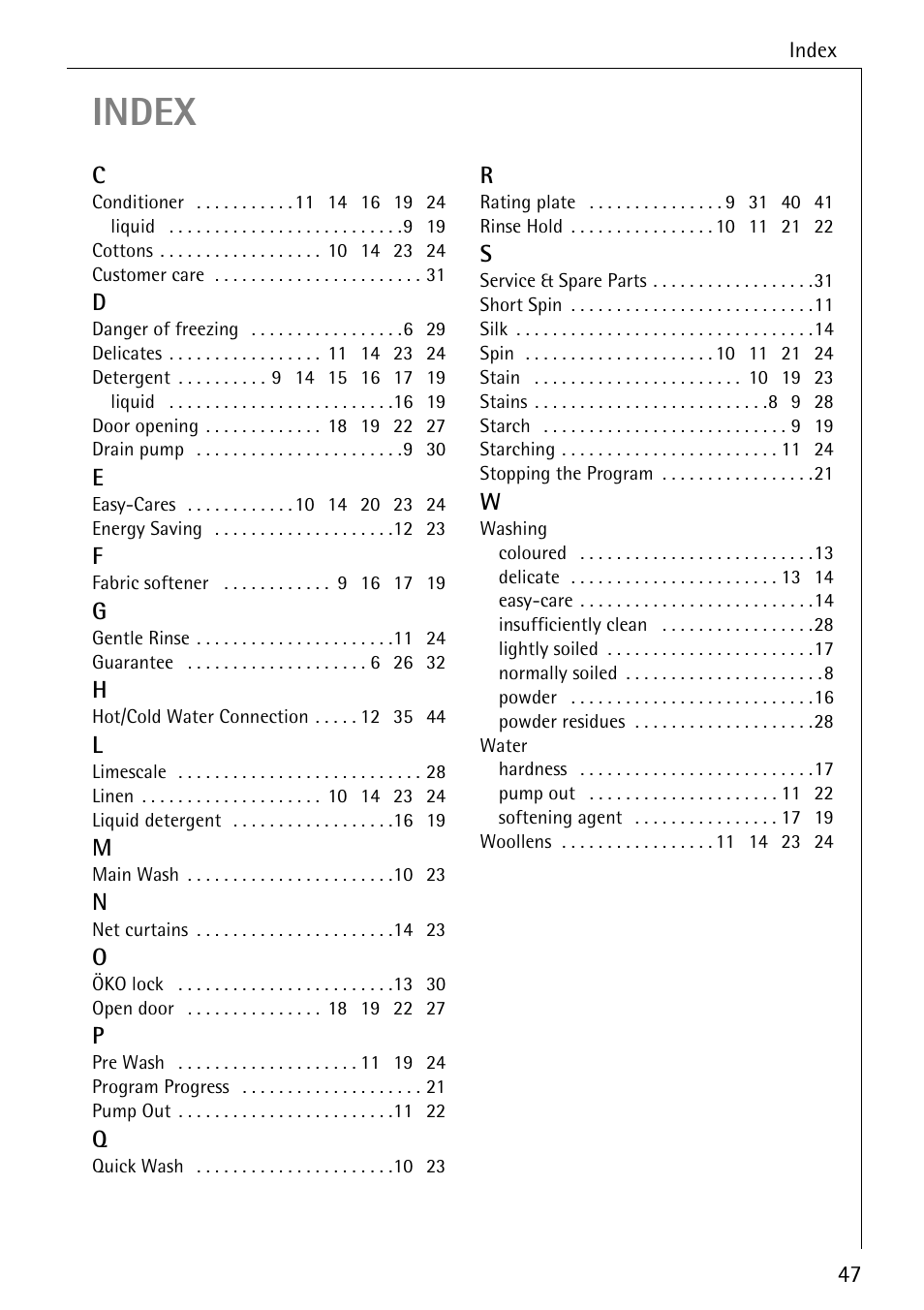 Index | Electrolux 50520 User Manual | Page 47 / 48