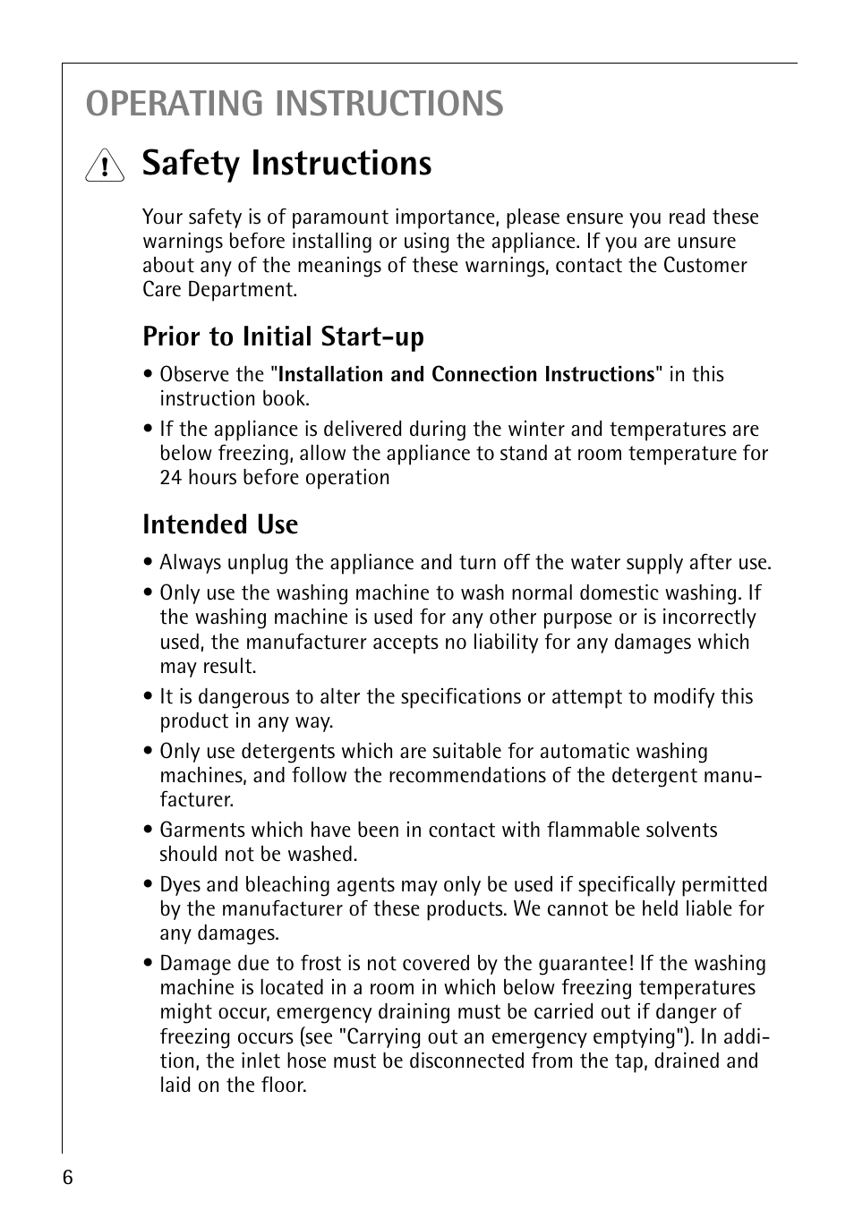 Operating instructions, Safety instructions, Prior to initial start-up | Intended use | Electrolux 50520 User Manual | Page 6 / 48