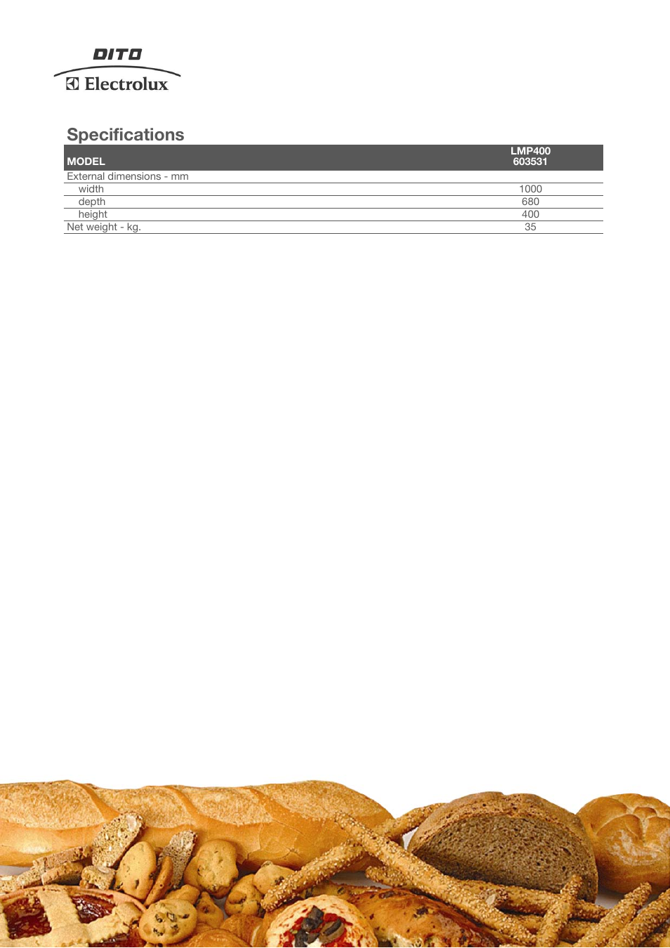 Specifications | Electrolux Dito LMP400 User Manual | Page 2 / 3
