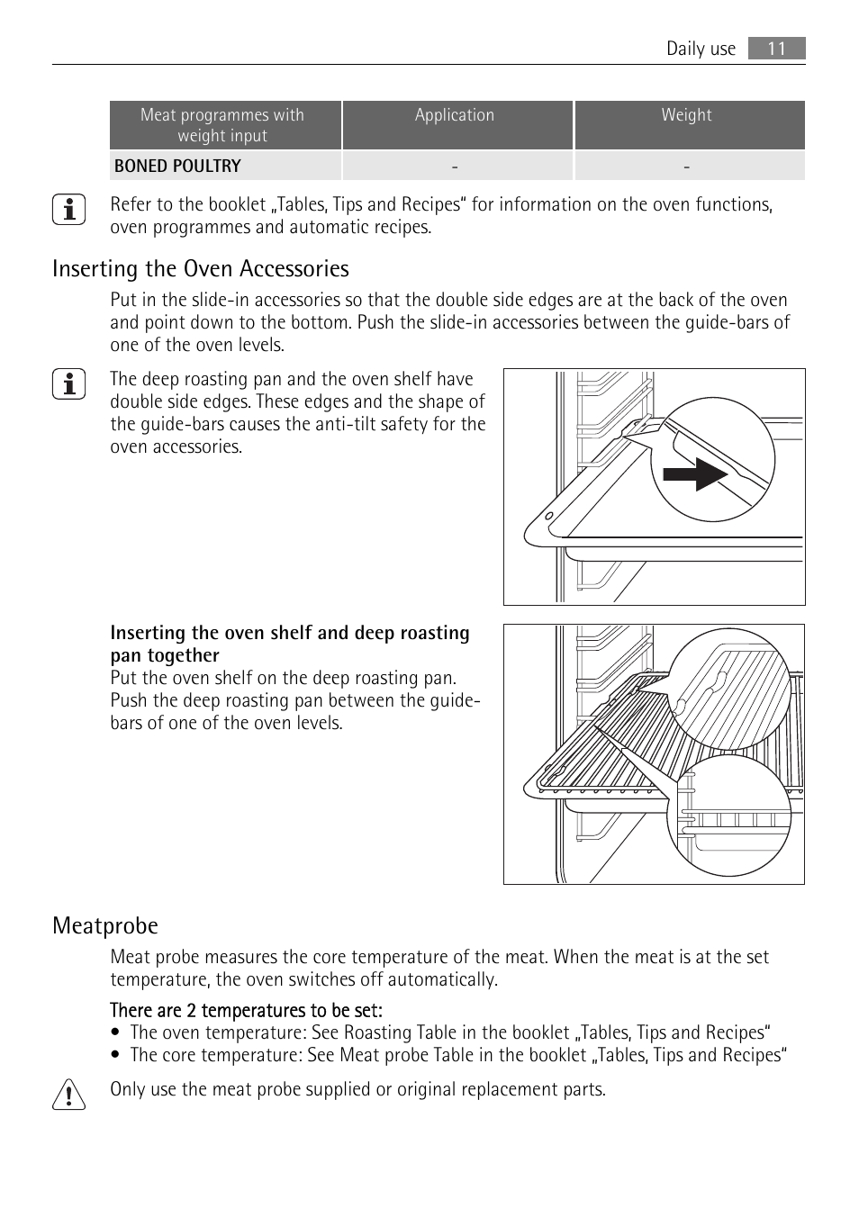 Inserting the oven accessories, Meatprobe | Electrolux B9831-5 User Manual | Page 11 / 32