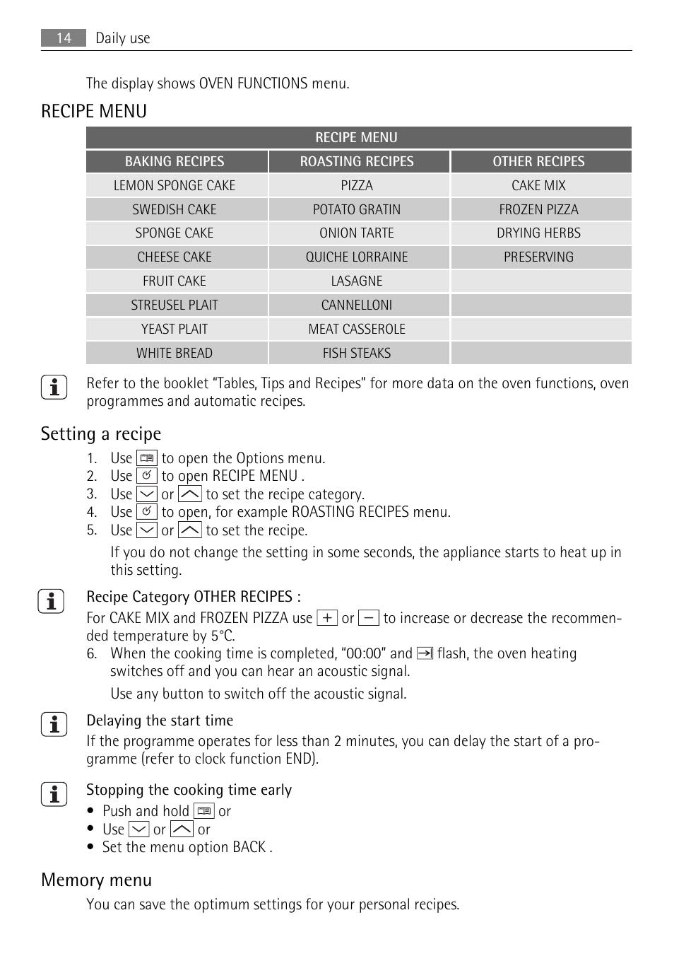 Recipe menu, Setting a recipe | Electrolux B9831-5 User Manual | Page 14 / 32