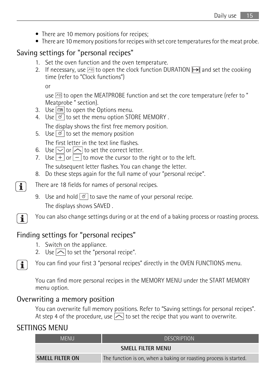 Saving settings for "personal recipes, Finding settings for “personal recipes, Settings menu | Electrolux B9831-5 User Manual | Page 15 / 32