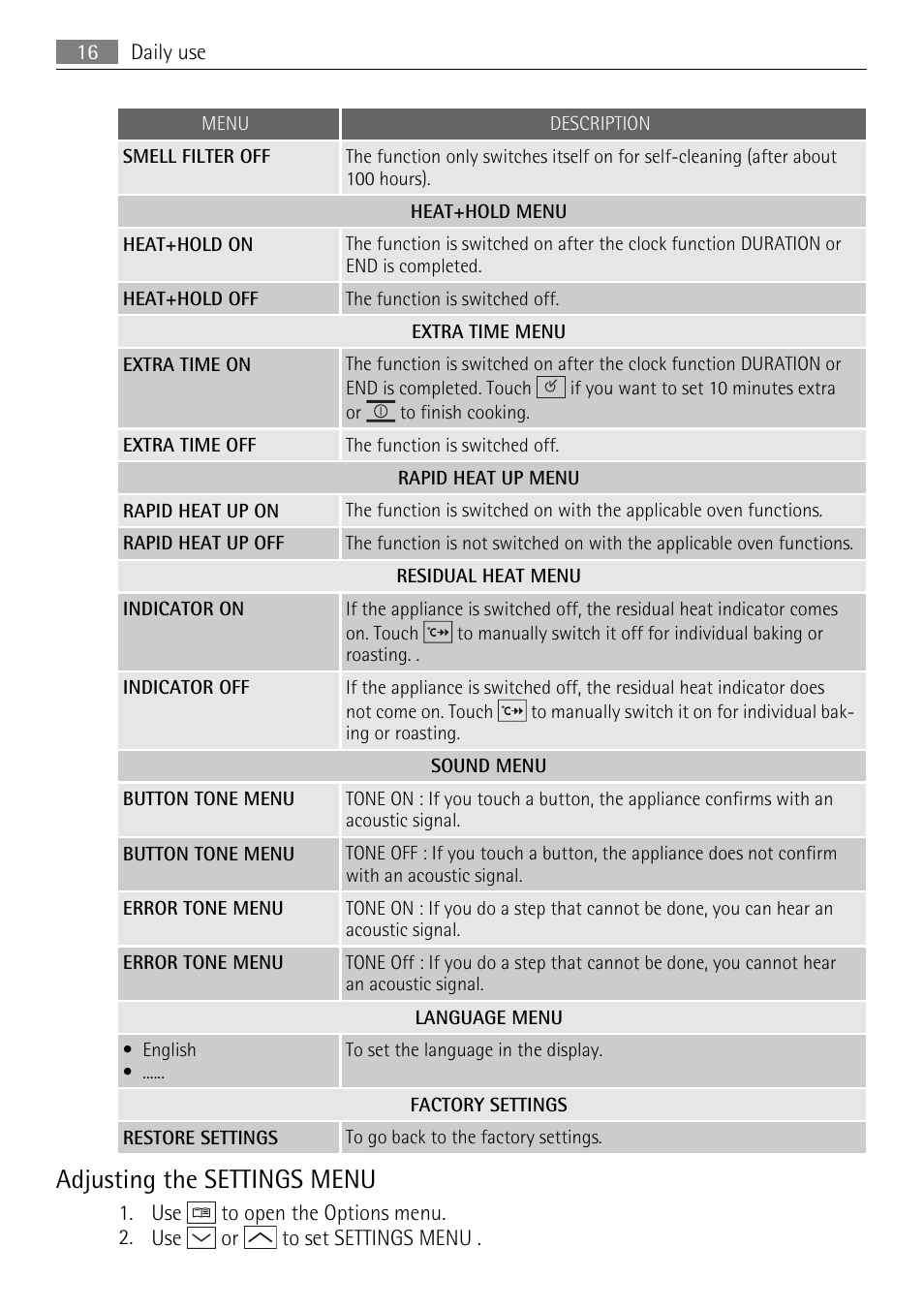 Adjusting the settings menu | Electrolux B9831-5 User Manual | Page 16 / 32
