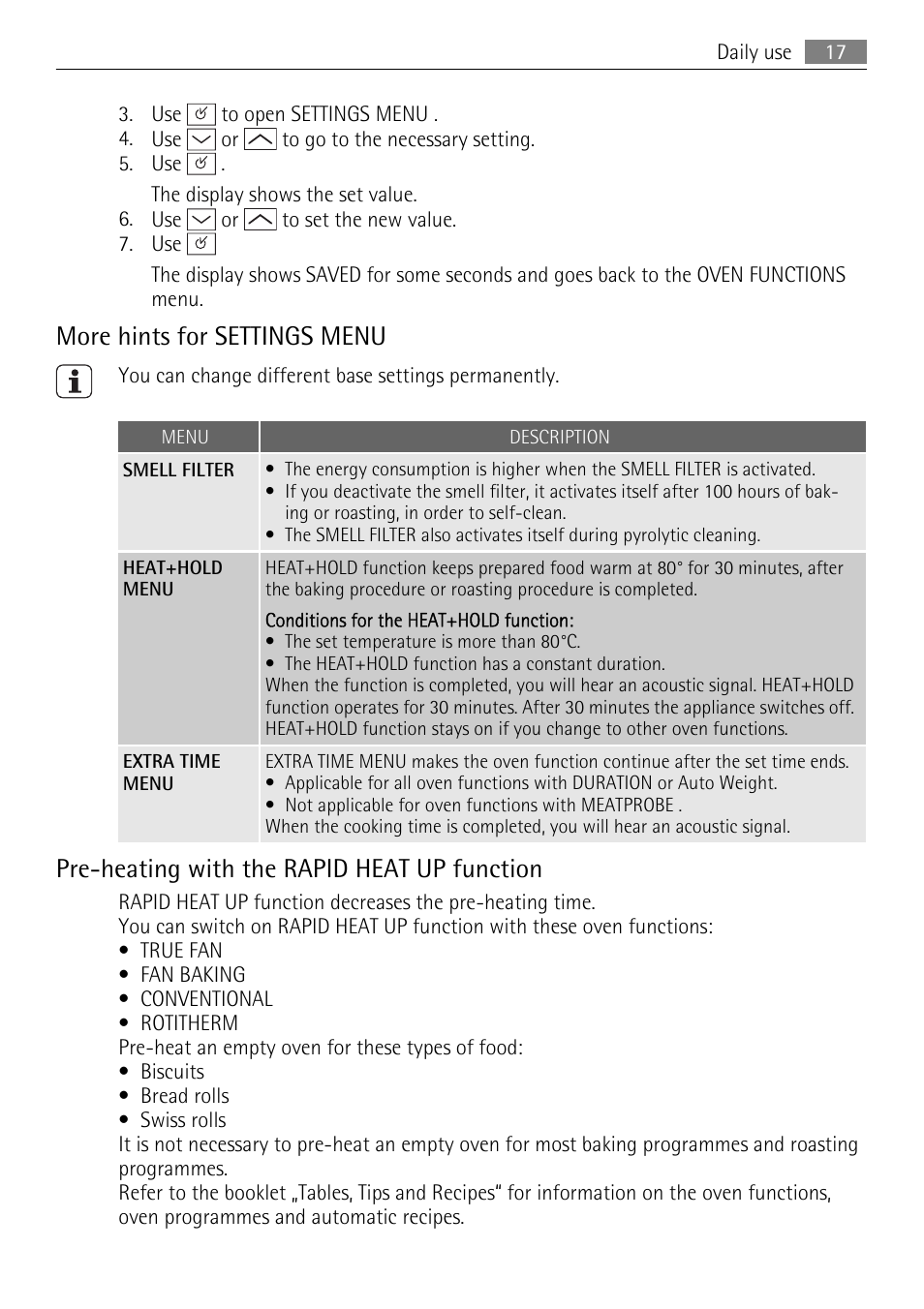 More hints for settings menu, Pre-heating with the rapid heat up function | Electrolux B9831-5 User Manual | Page 17 / 32