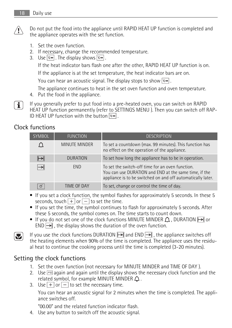 Clock functions, Setting the clock functions | Electrolux B9831-5 User Manual | Page 18 / 32