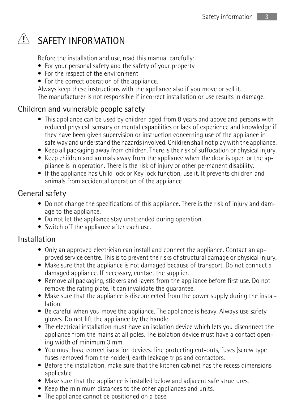 Safety information, Children and vulnerable people safety, General safety | Installation | Electrolux B9831-5 User Manual | Page 3 / 32