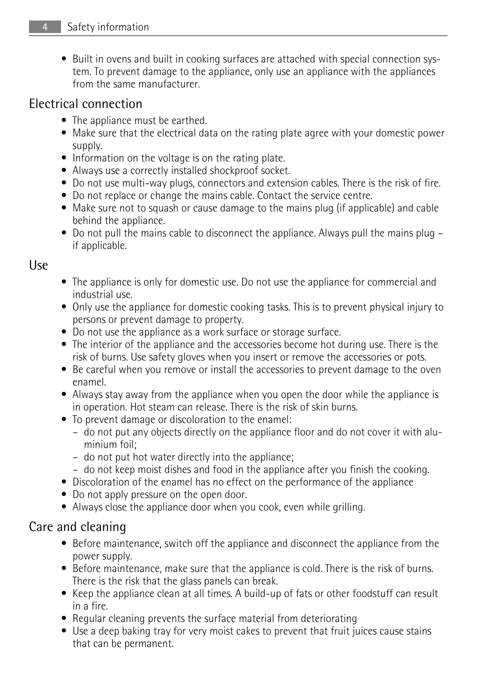 Electrical connection, Care and cleaning | Electrolux B9831-5 User Manual | Page 4 / 32