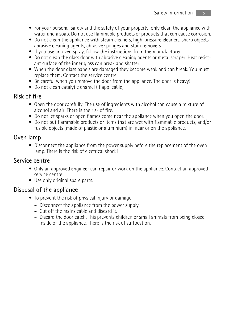 Risk of fire, Oven lamp, Service centre | Disposal of the appliance | Electrolux B9831-5 User Manual | Page 5 / 32