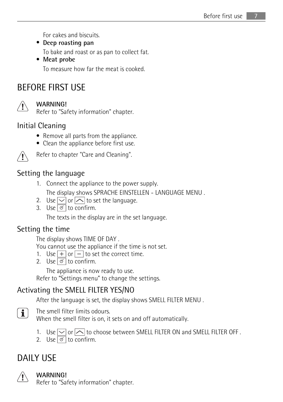 Before first use, Daily use, Initial cleaning | Setting the language, Setting the time, Activating the smell filter yes/no | Electrolux B9831-5 User Manual | Page 7 / 32