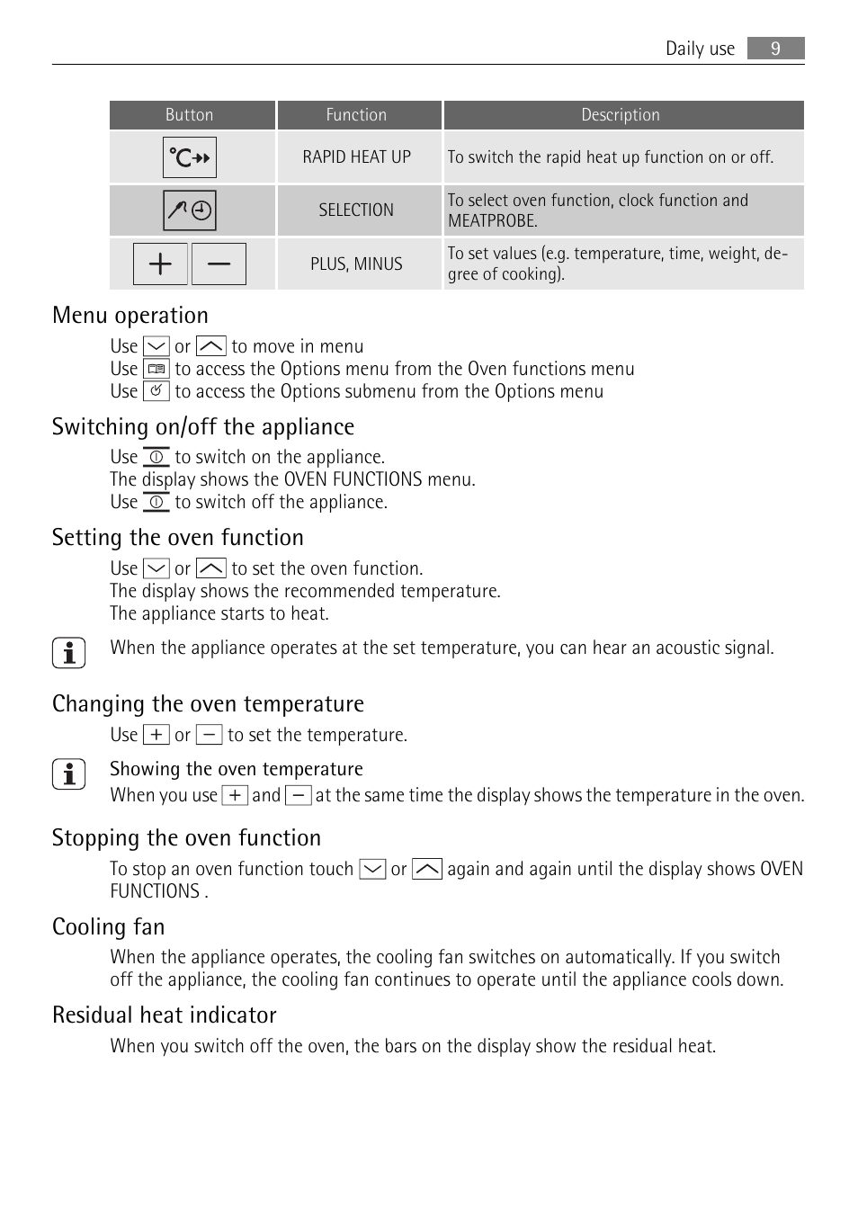 Menu operation, Switching on/off the appliance, Setting the oven function | Changing the oven temperature, Stopping the oven function, Cooling fan, Residual heat indicator | Electrolux B9831-5 User Manual | Page 9 / 32