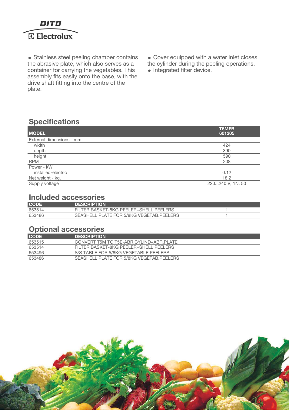 Specifications, Included accessories, Optional accessories | Electrolux Dito T5M User Manual | Page 2 / 4