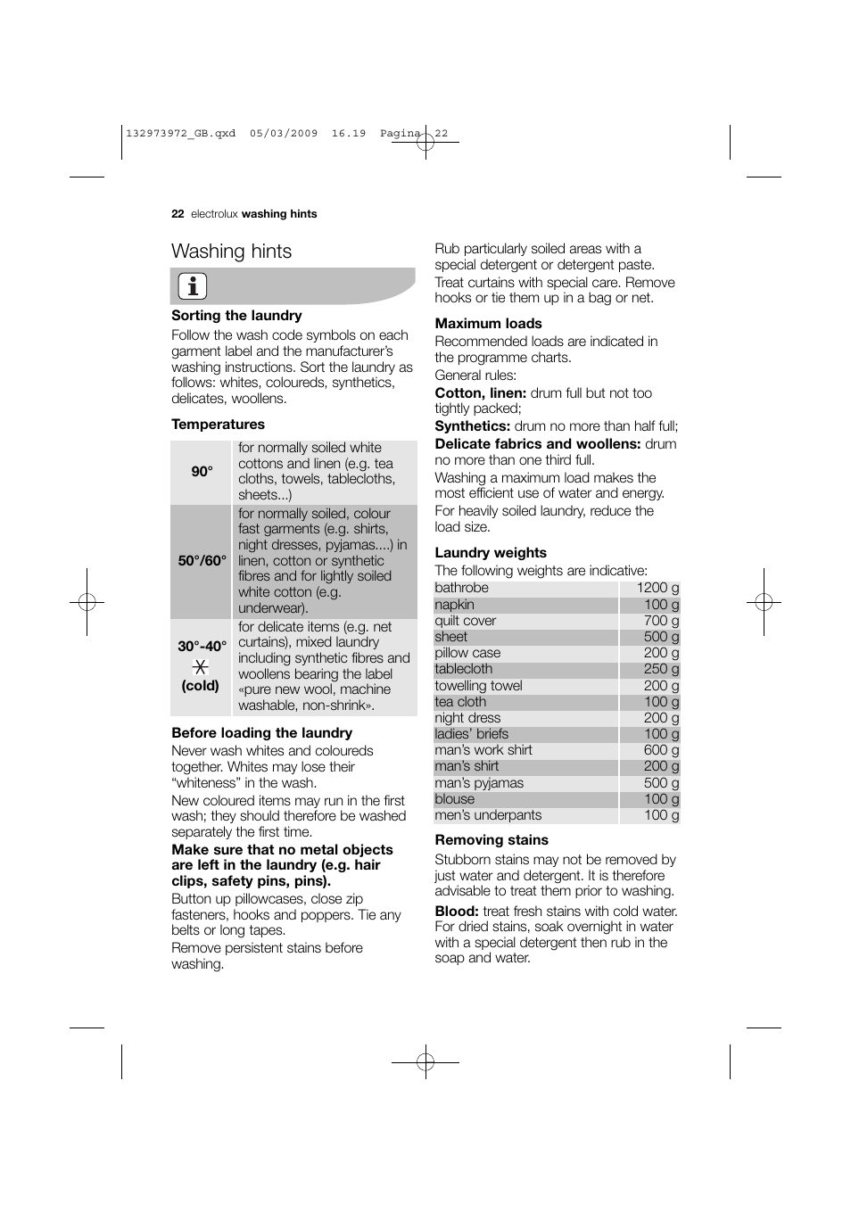 Washing hints | Electrolux EWF 14991 W User Manual | Page 22 / 47