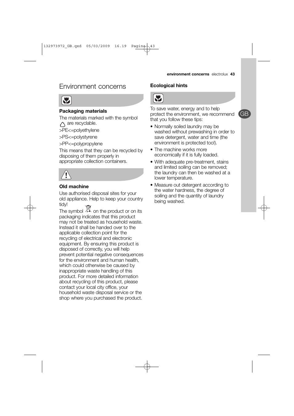 Environment concerns | Electrolux EWF 14991 W User Manual | Page 43 / 47