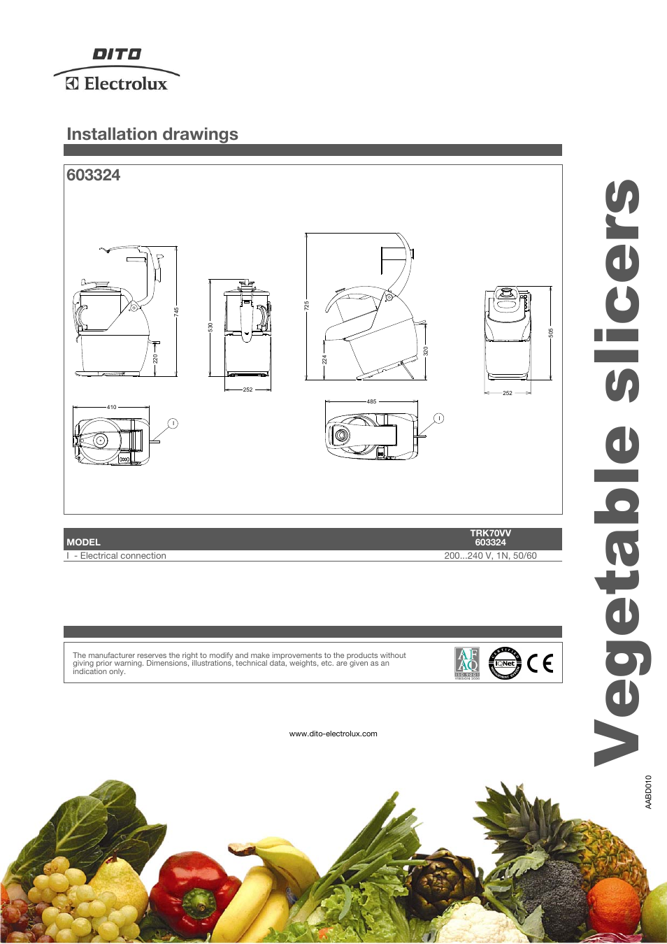 Vegetable slicers, Installation drawings | Electrolux TRK70VV User Manual | Page 4 / 4