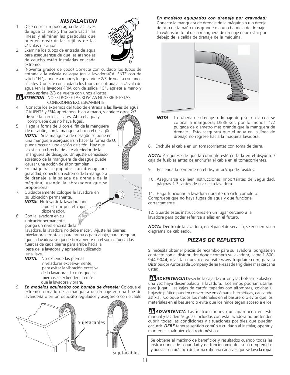 Instalacion, Piezas de repuesto | Electrolux Full Size Tumble Action Washer User Manual | Page 11 / 12