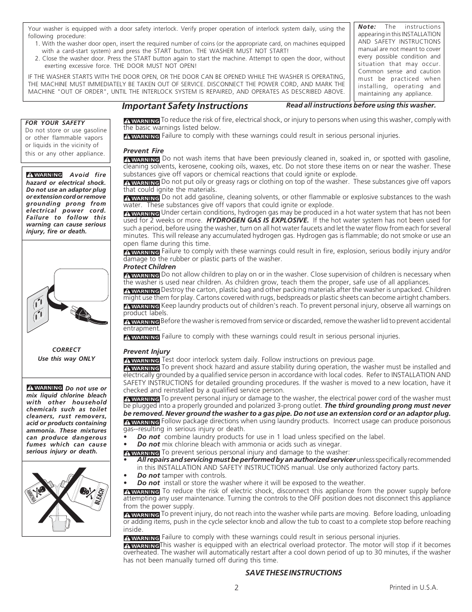 Important safety instructions | Electrolux Full Size Tumble Action Washer User Manual | Page 2 / 12