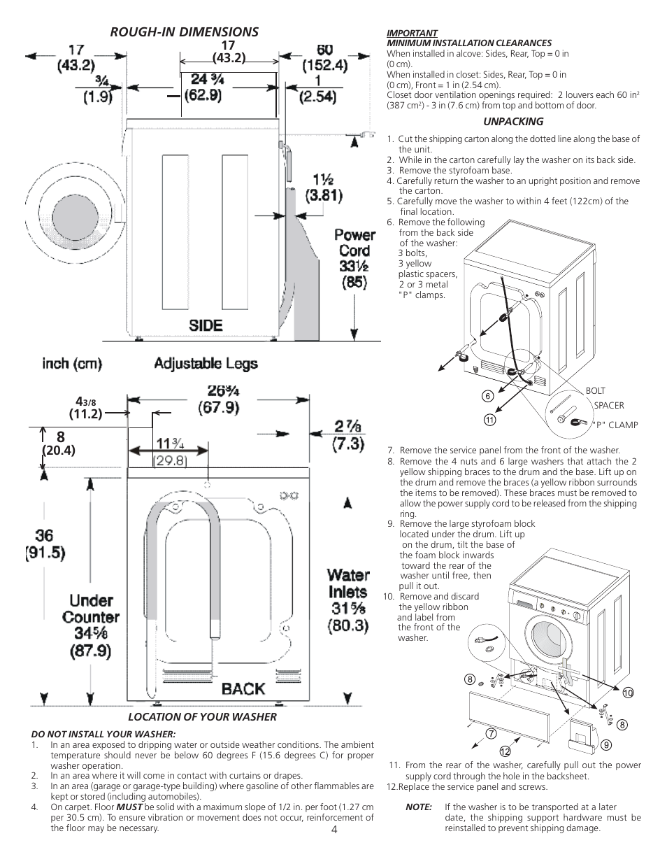 Rough-in dimensions | Electrolux Full Size Tumble Action Washer User Manual | Page 4 / 12
