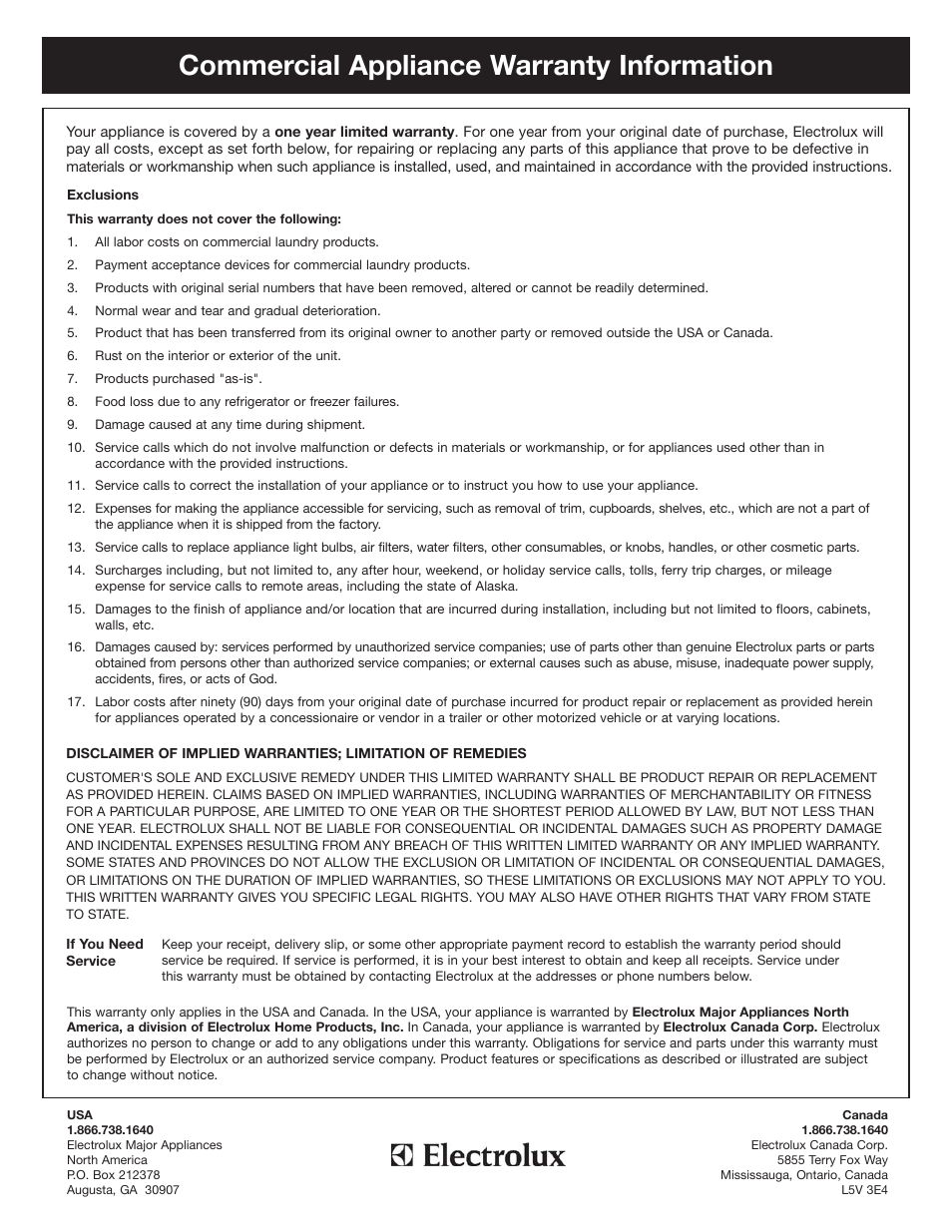 Commercial appliance warranty information | Electrolux Full Size Tumble Action Washer User Manual | Page 6 / 12