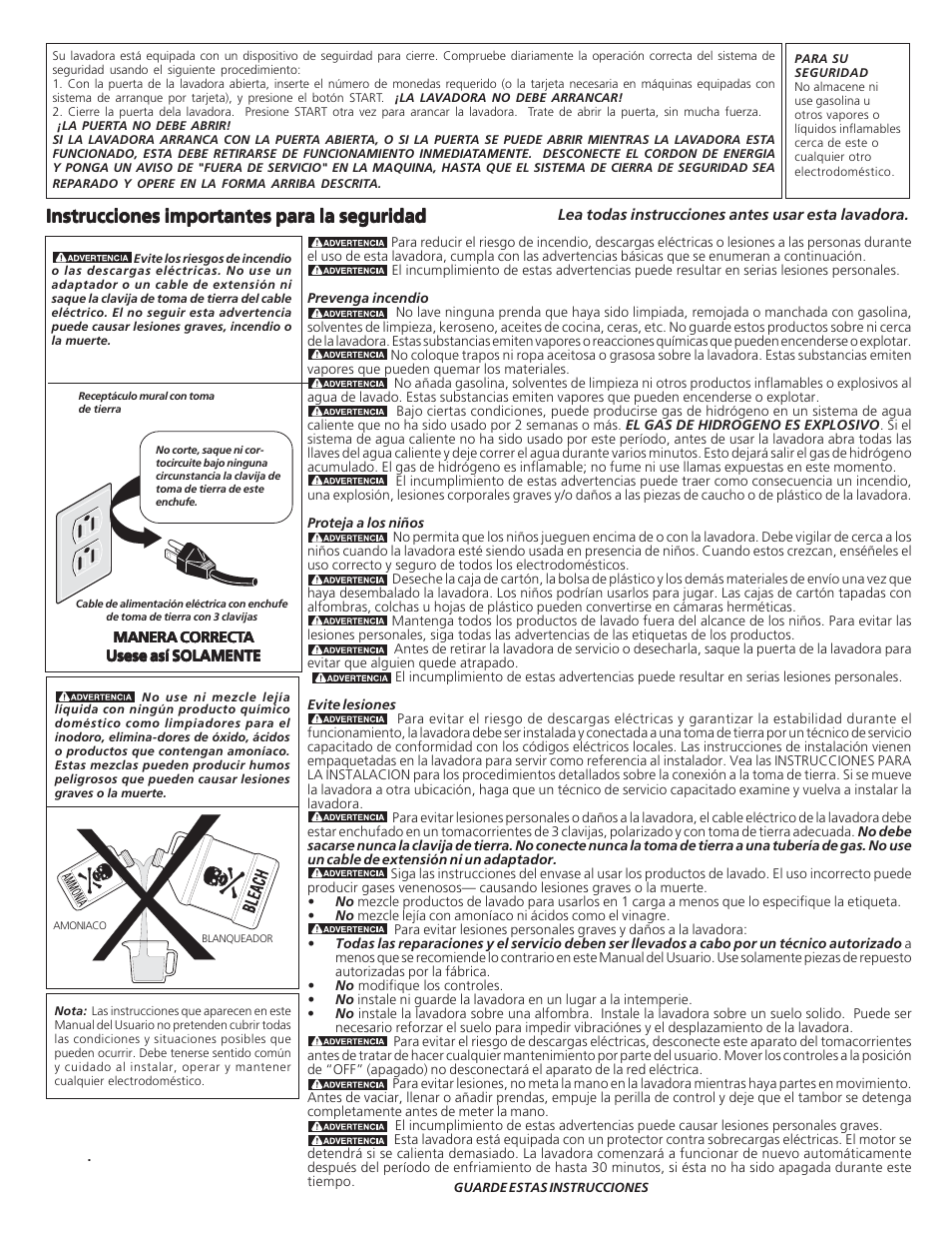 Instrucciones importantes para la seguridad | Electrolux Full Size Tumble Action Washer User Manual | Page 7 / 12