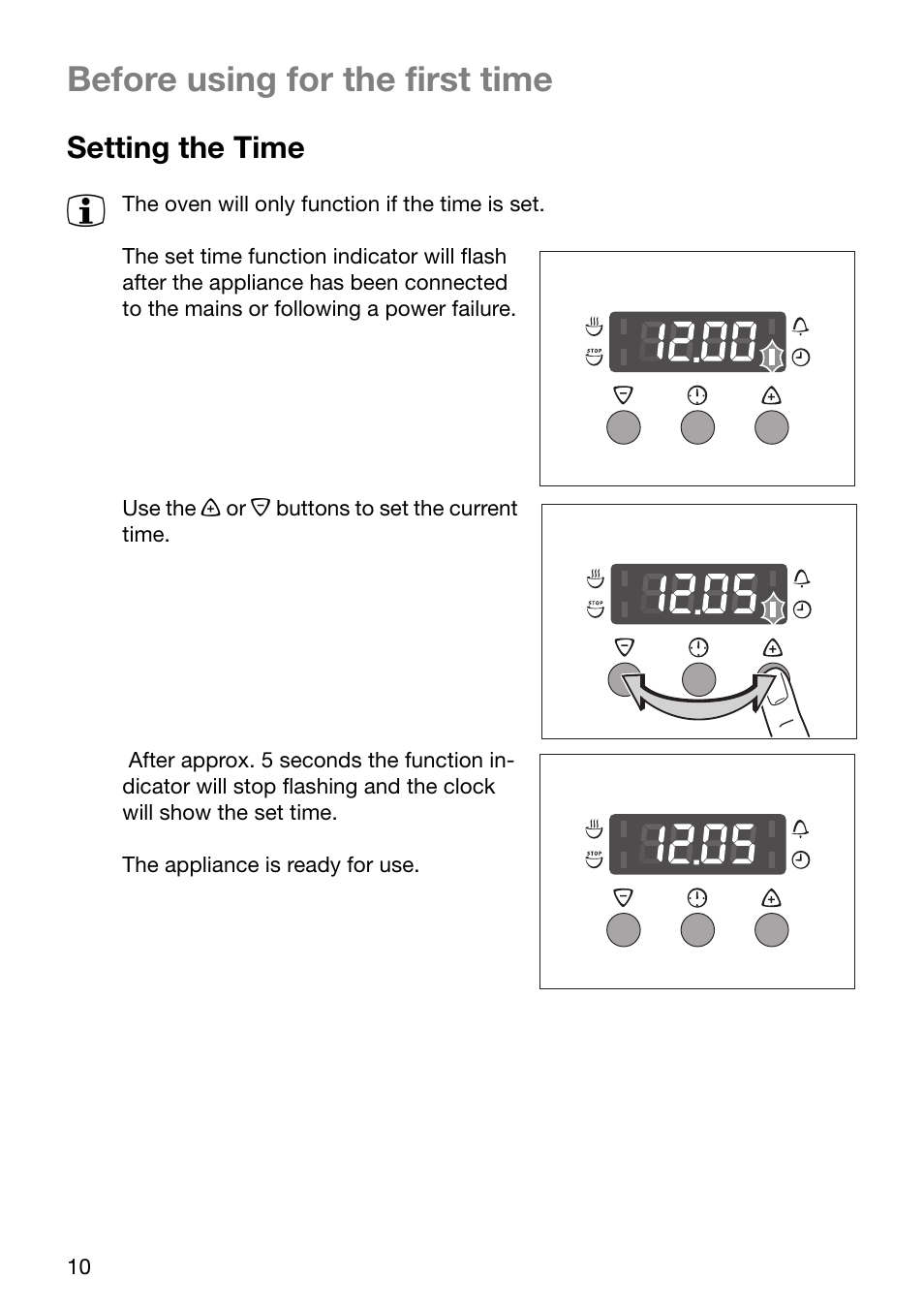 Before using for the first time, Setting the time | Electrolux U24058 EOB6636 User Manual | Page 10 / 52