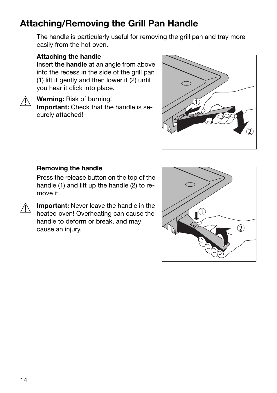 Attaching/removing the grill pan handle | Electrolux U24058 EOB6636 User Manual | Page 14 / 52