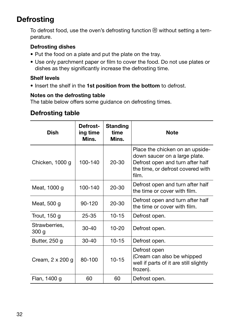 Defrosting, Defrosting table | Electrolux U24058 EOB6636 User Manual | Page 32 / 52