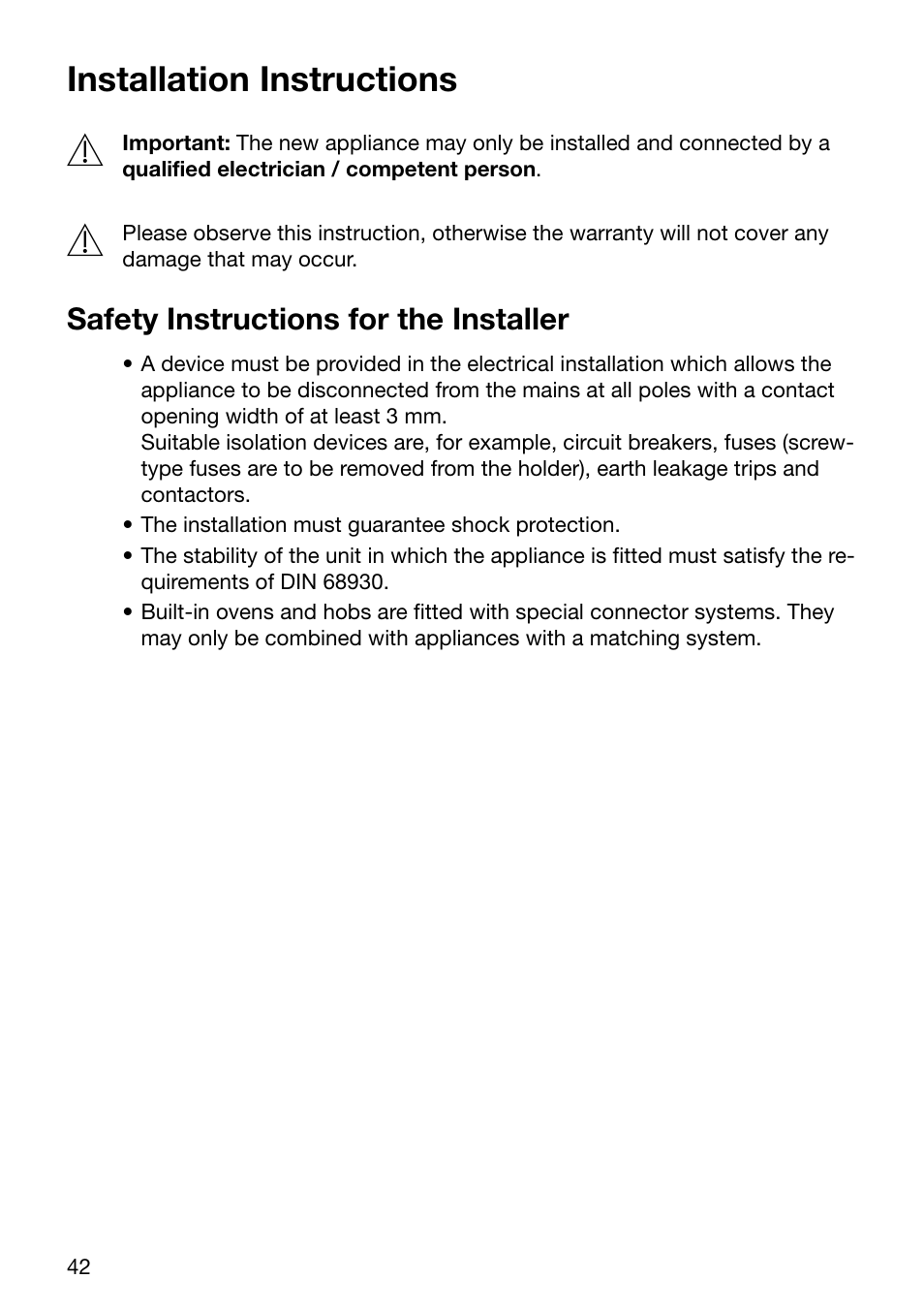 Installation instructions, Safety instructions for the installer | Electrolux U24058 EOB6636 User Manual | Page 42 / 52