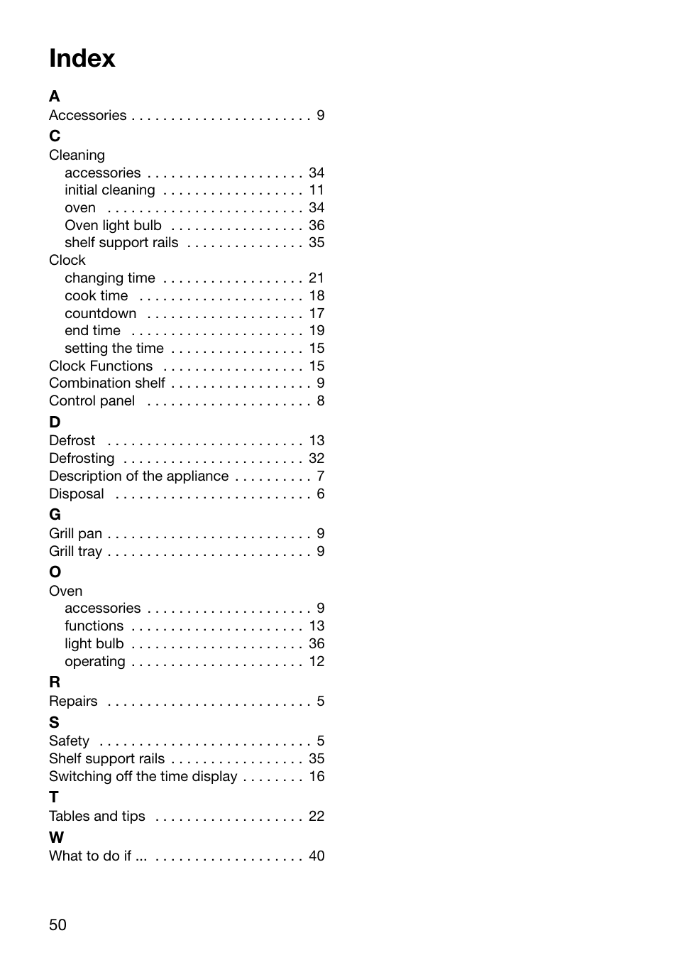 Index | Electrolux U24058 EOB6636 User Manual | Page 50 / 52