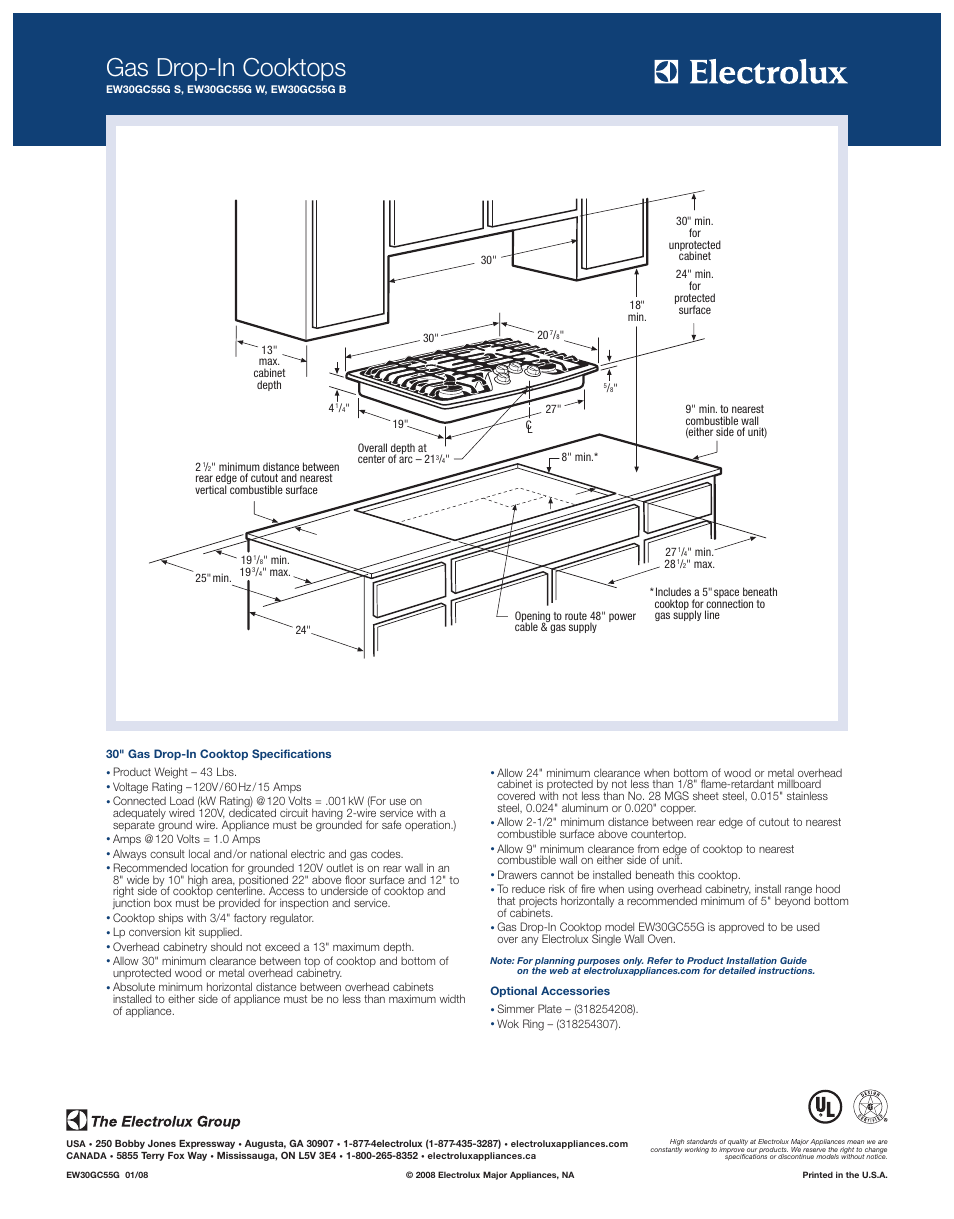 Gas drop-in cooktops | Electrolux EW30GC55GW User Manual | Page 2 / 2