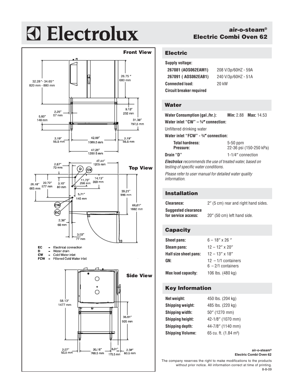 Air-o-steam, Electric combi oven 62 | Electrolux Air-O-Steam AOS062EAB1 User Manual | Page 2 / 2