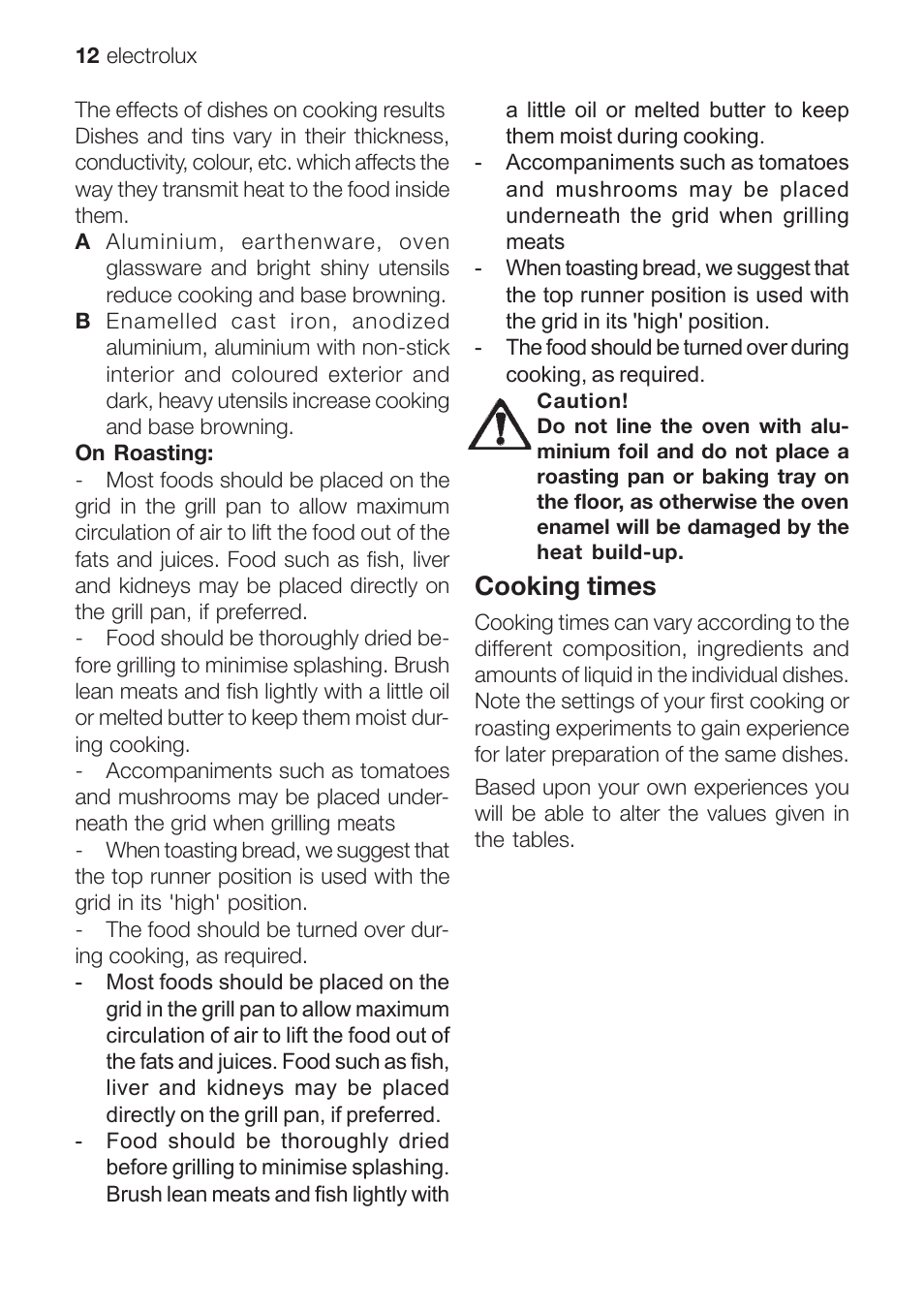 Cooking times | Electrolux EOG 10000 User Manual | Page 12 / 36